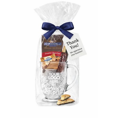 Glass Mug with Cocoa, Chocolate and Cookie