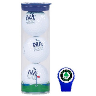 Clear Tube with 3 Bridgestone Treo Golf Balls and a Hat Clip with magnetic ball marker